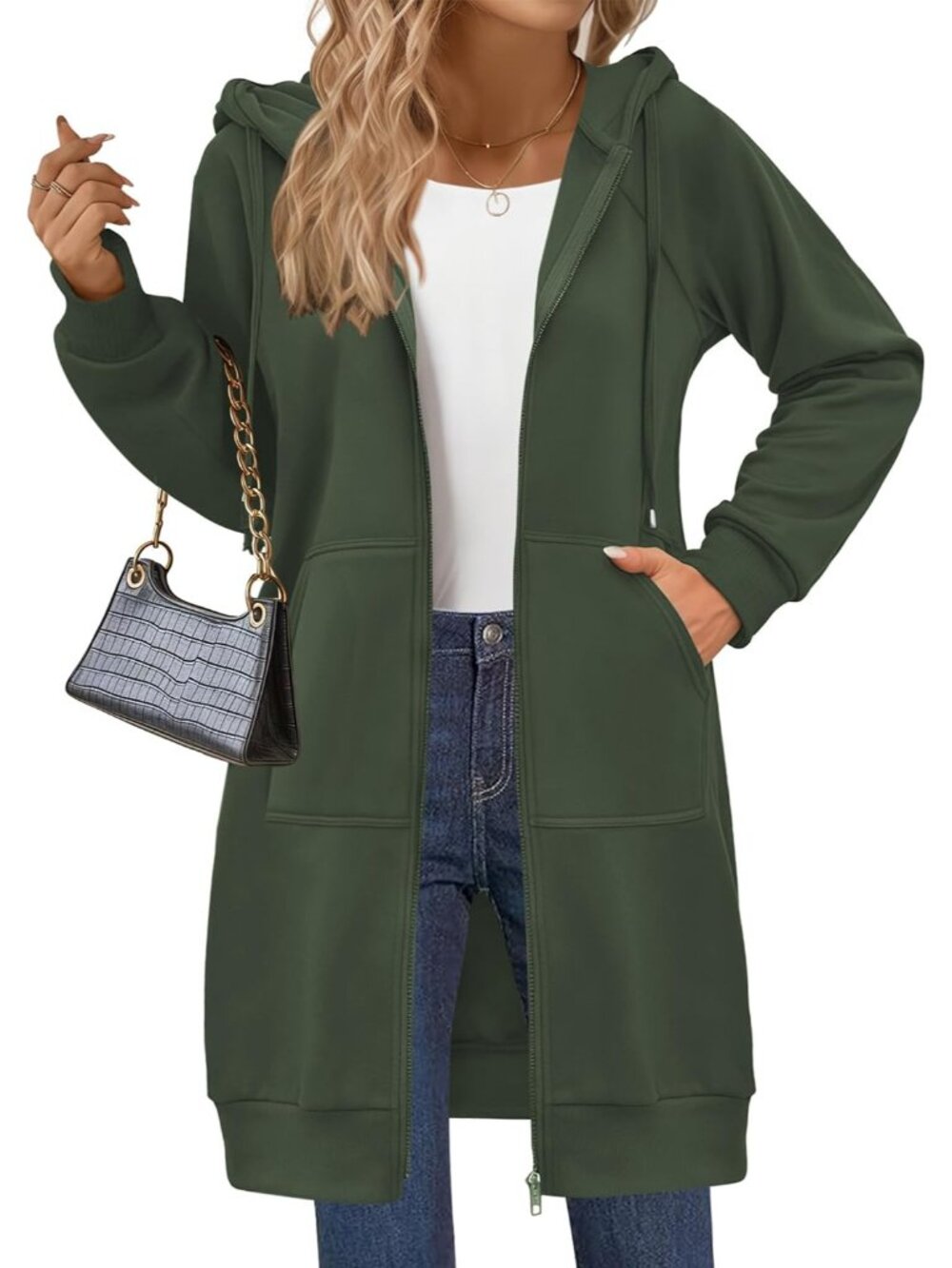 Women's Army Green Long Zip Up Fleece Hoodie Tunic Sweatshirt Pocket Jacket - Picture 2 of 6